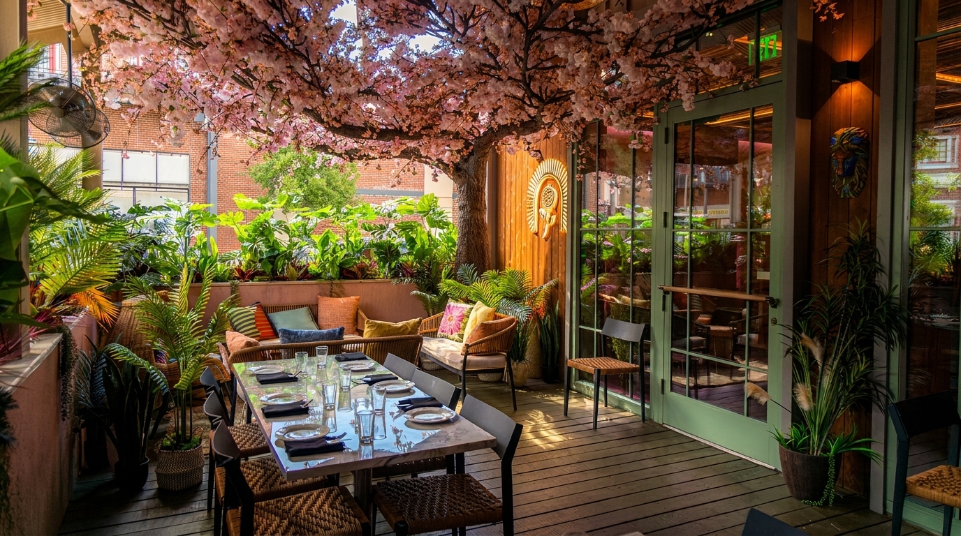 Outdoor restaurant patio with a long dining table, lush plants, and a pink cherry blossom tree.