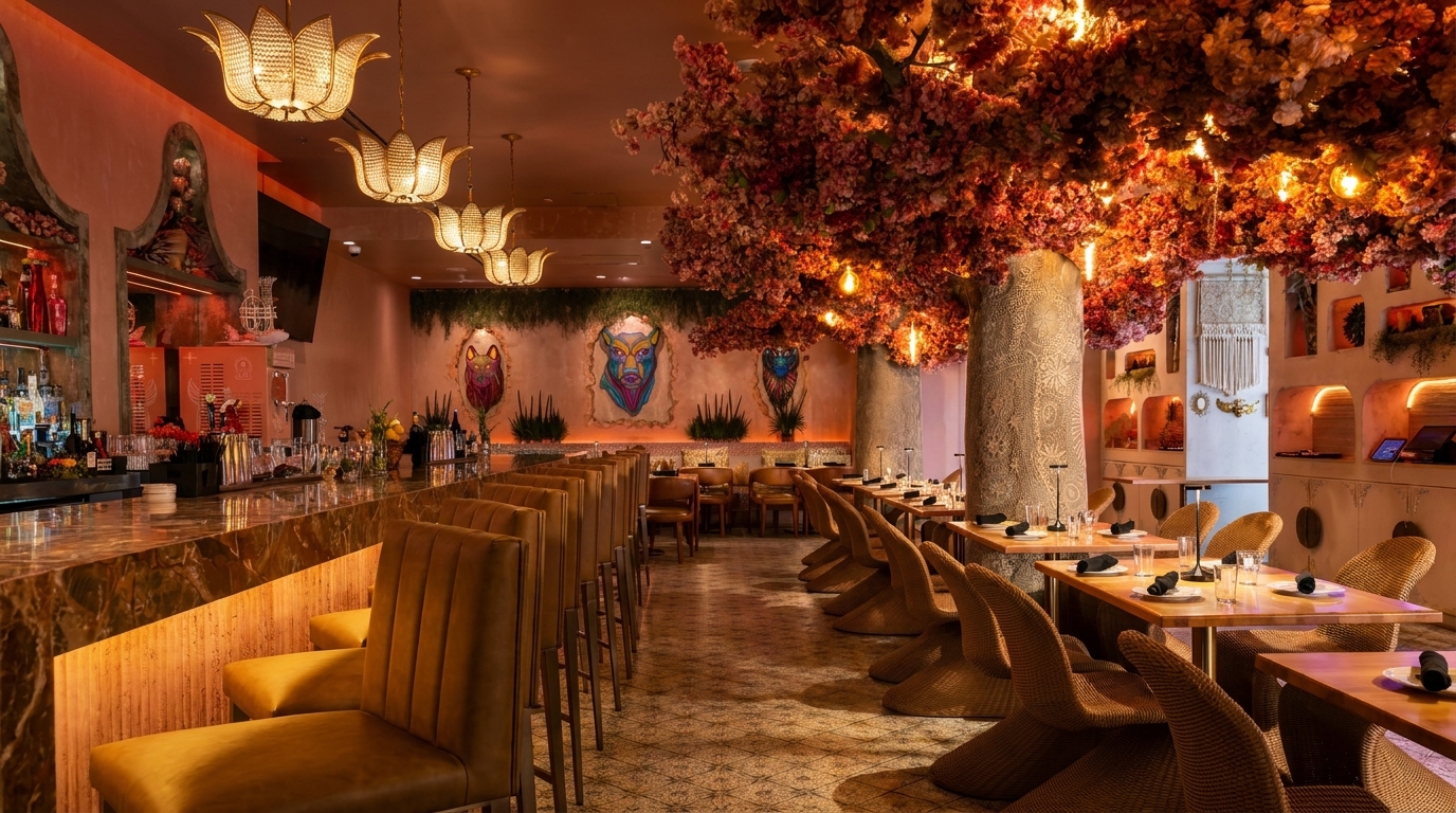 A luxurious restaurant interior with a long bar, dining tables, and a large tree with pink blossoms.
