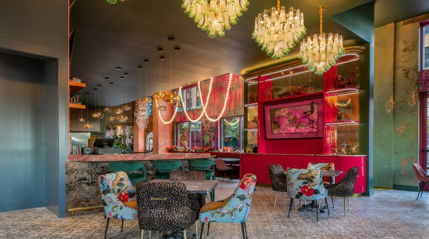 Vibrantly decorated restaurant interior with ornate chandeliers, patterned chairs, and a pink and green color scheme.