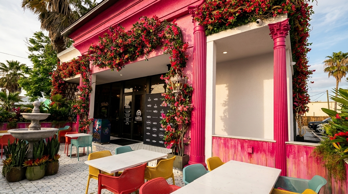 Vibrant pink restaurant exterior adorned with red flowers, featuring an outdoor patio with colorful chairs and tables.