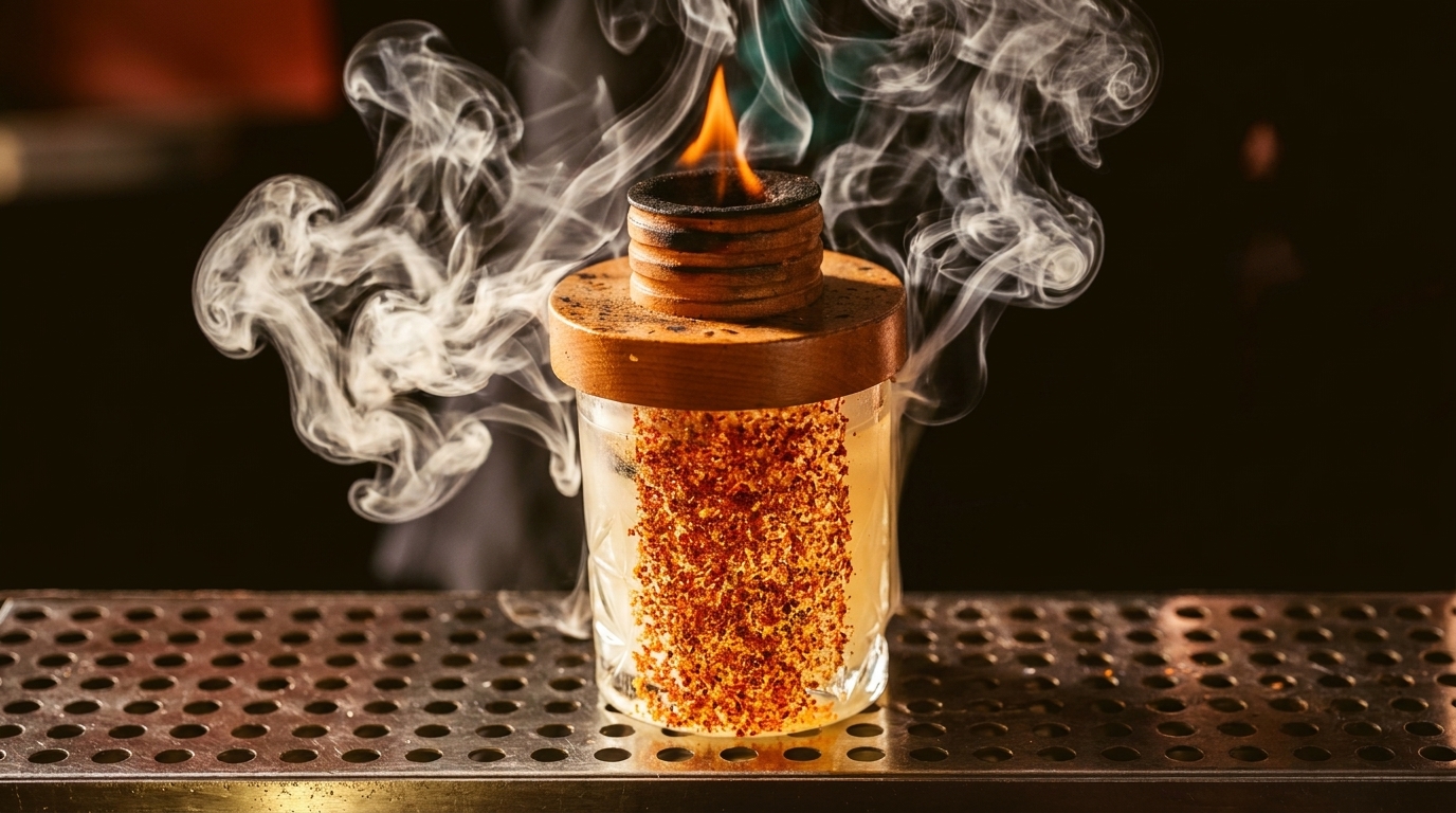 Smoked cocktail with a flaming wooden lid and chili flakes on the glass rim.