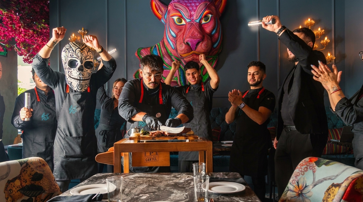 Restaurant staff celebrating a chef carving meat at a table, with a colorful jaguar art piece in the background.