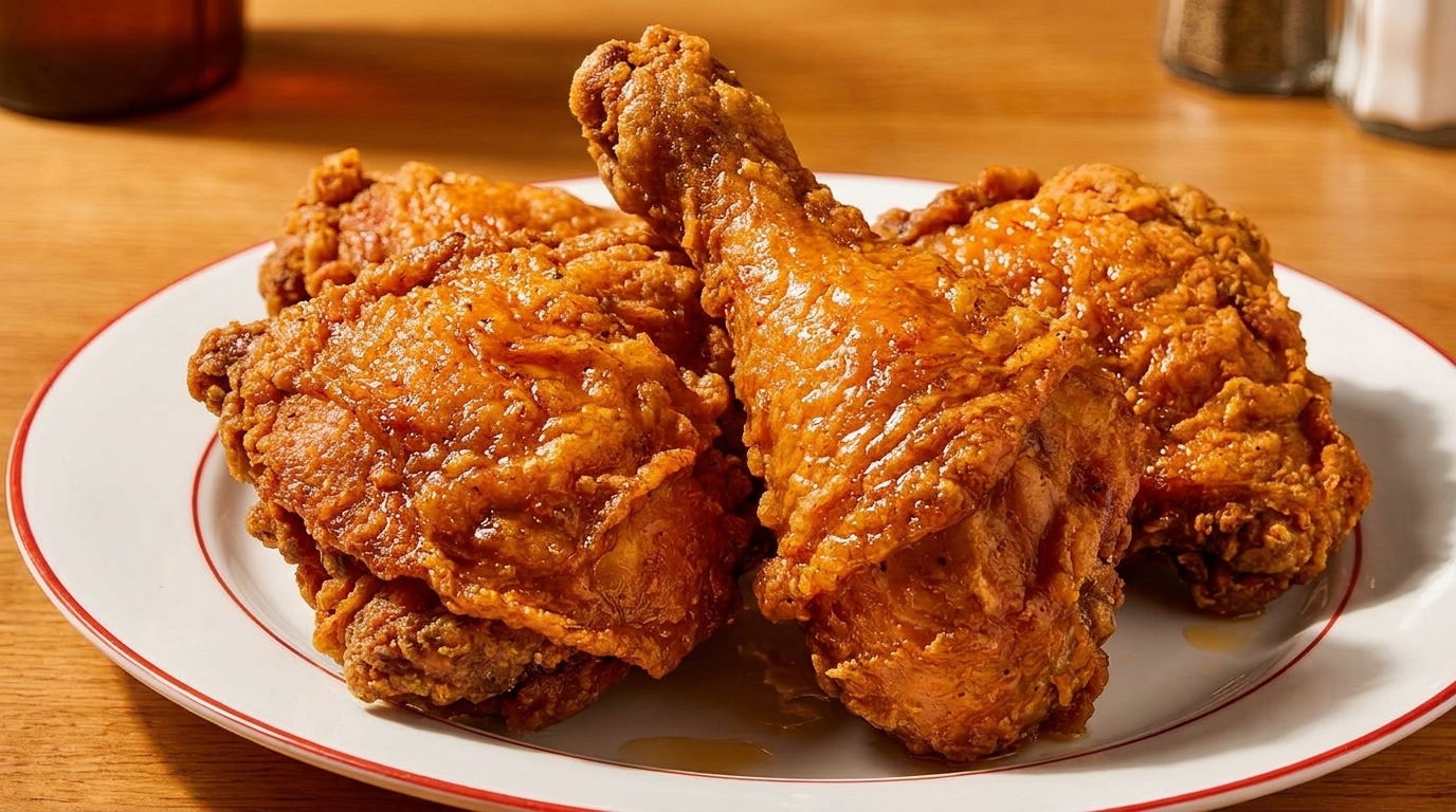Crispy, golden-brown fried chicken pieces, including a drumstick, on a white plate with a red rim.