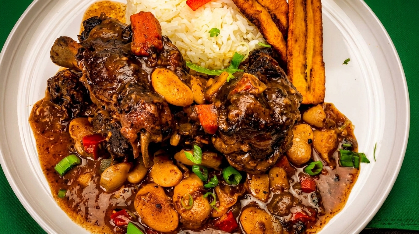 Oxtail stew with butter beans, rice, and fried plantains on a white plate.