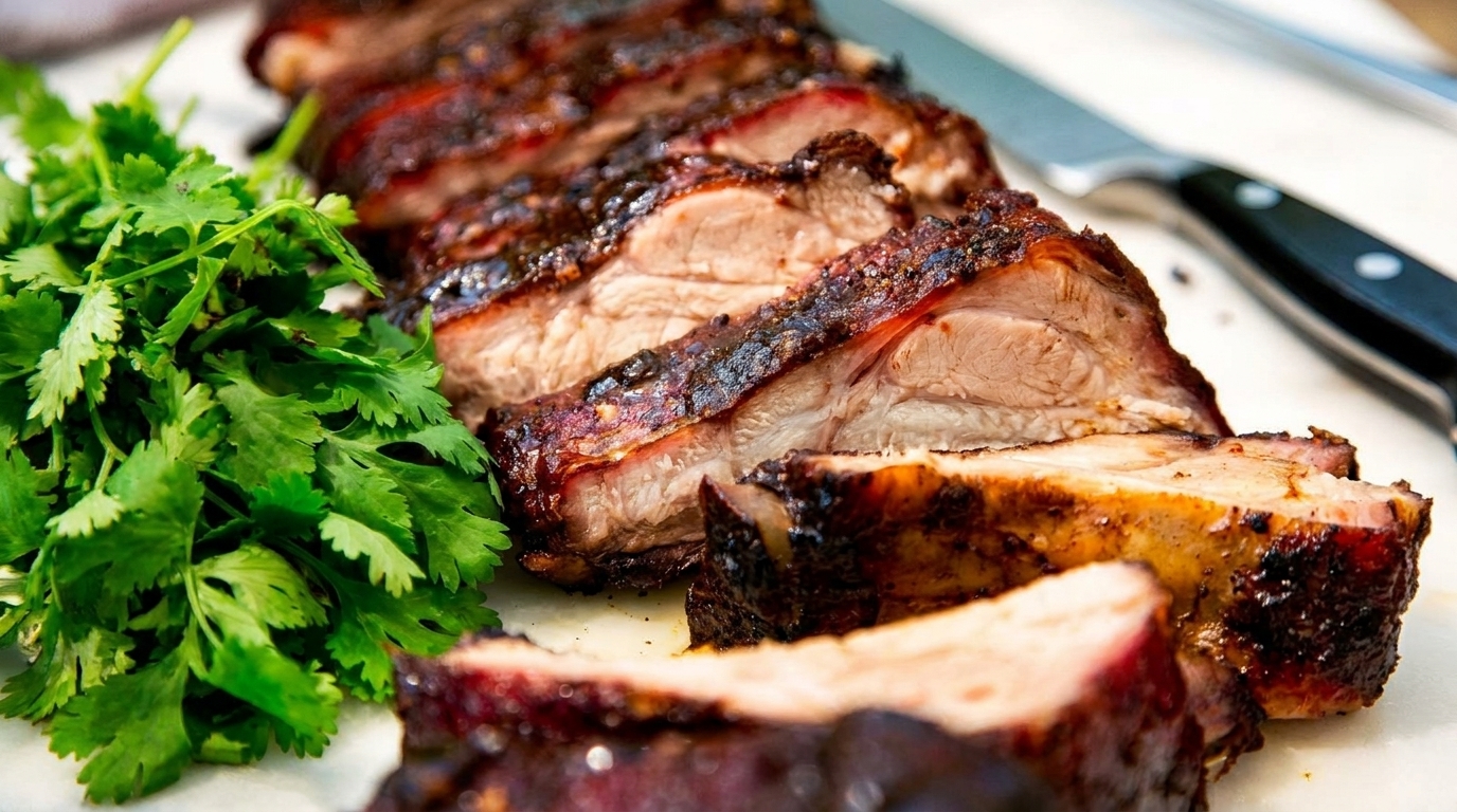Close-up of sliced, glazed BBQ ribs with fresh cilantro and a knife on a white cutting board.