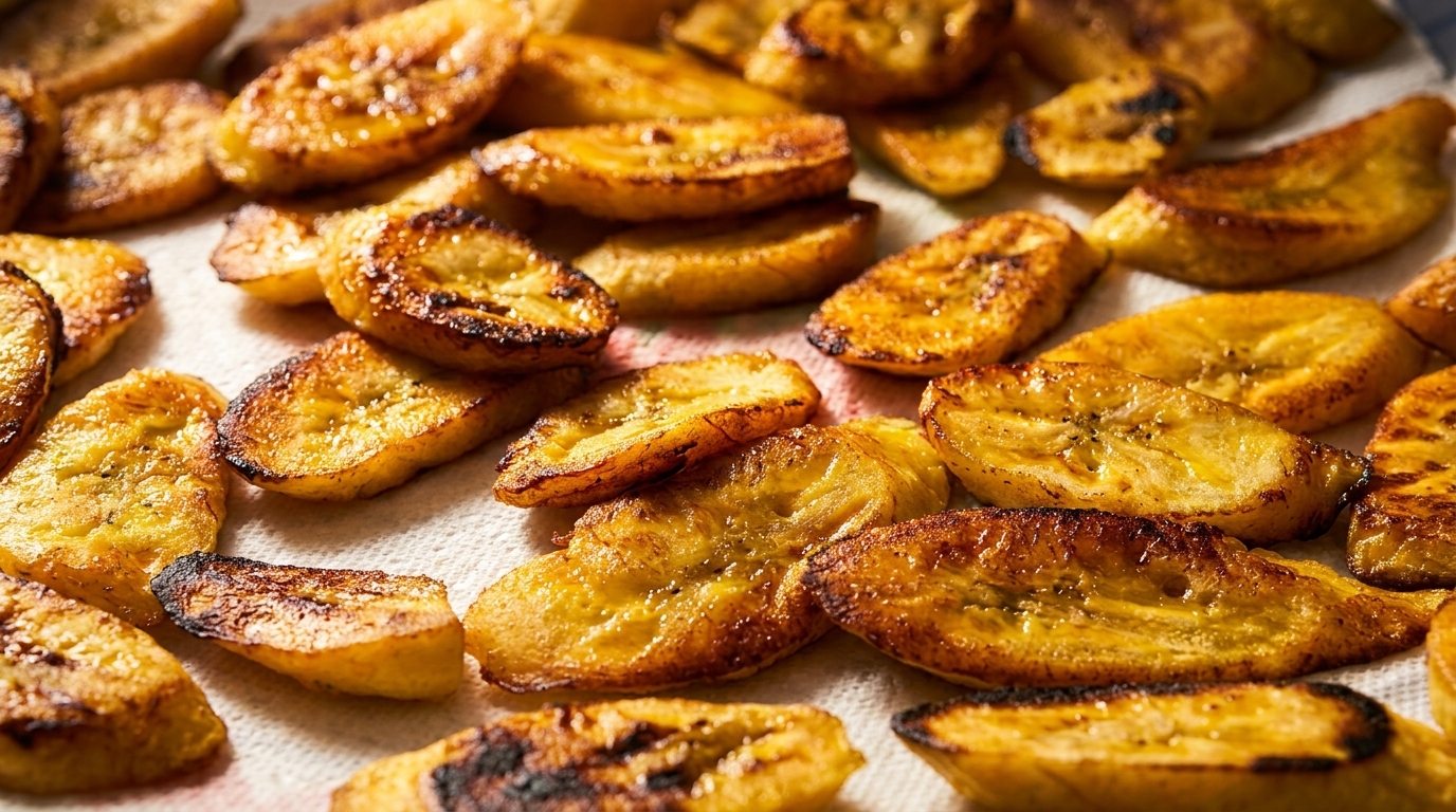 Close-up of golden-brown fried plantain slices resting on a white paper towel.