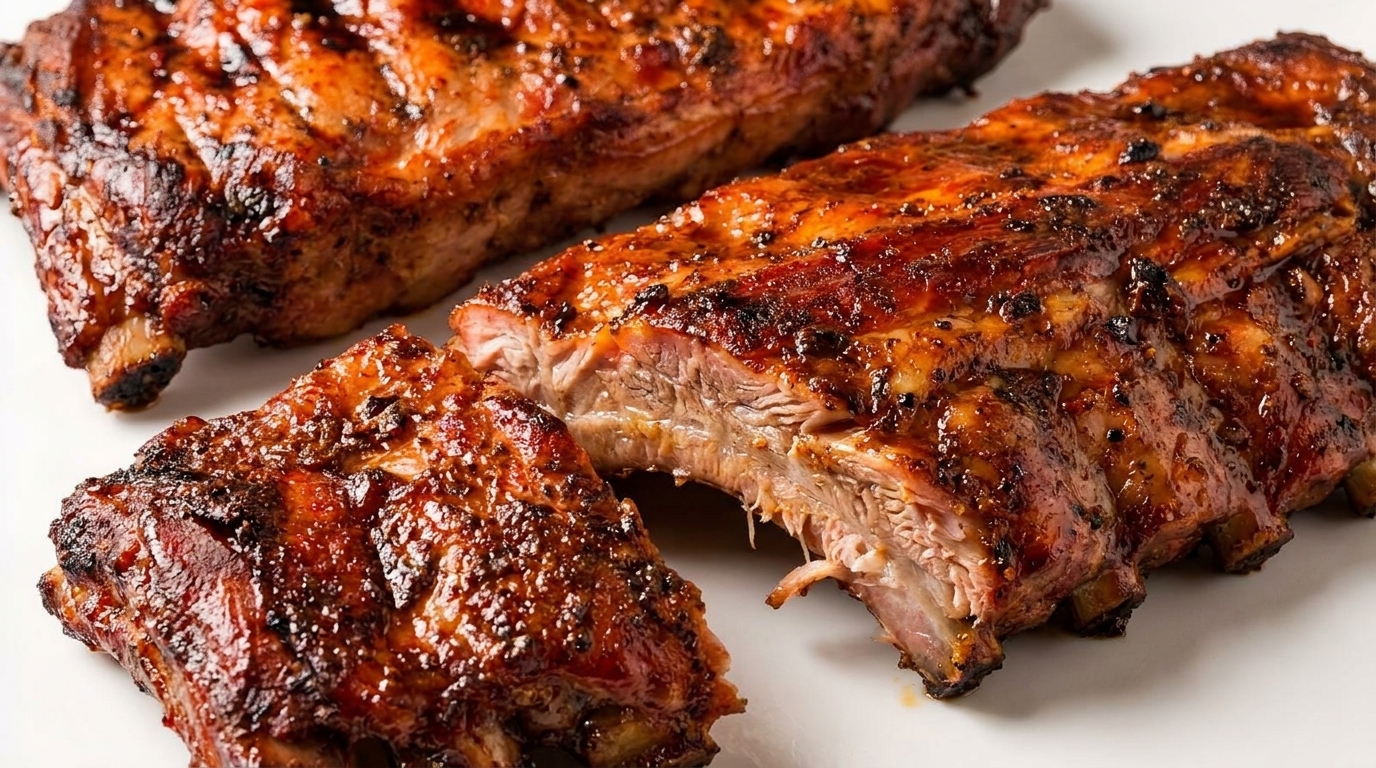 Close-up of two racks of glistening, barbecued ribs with one rack partially cut, revealing tender meat.