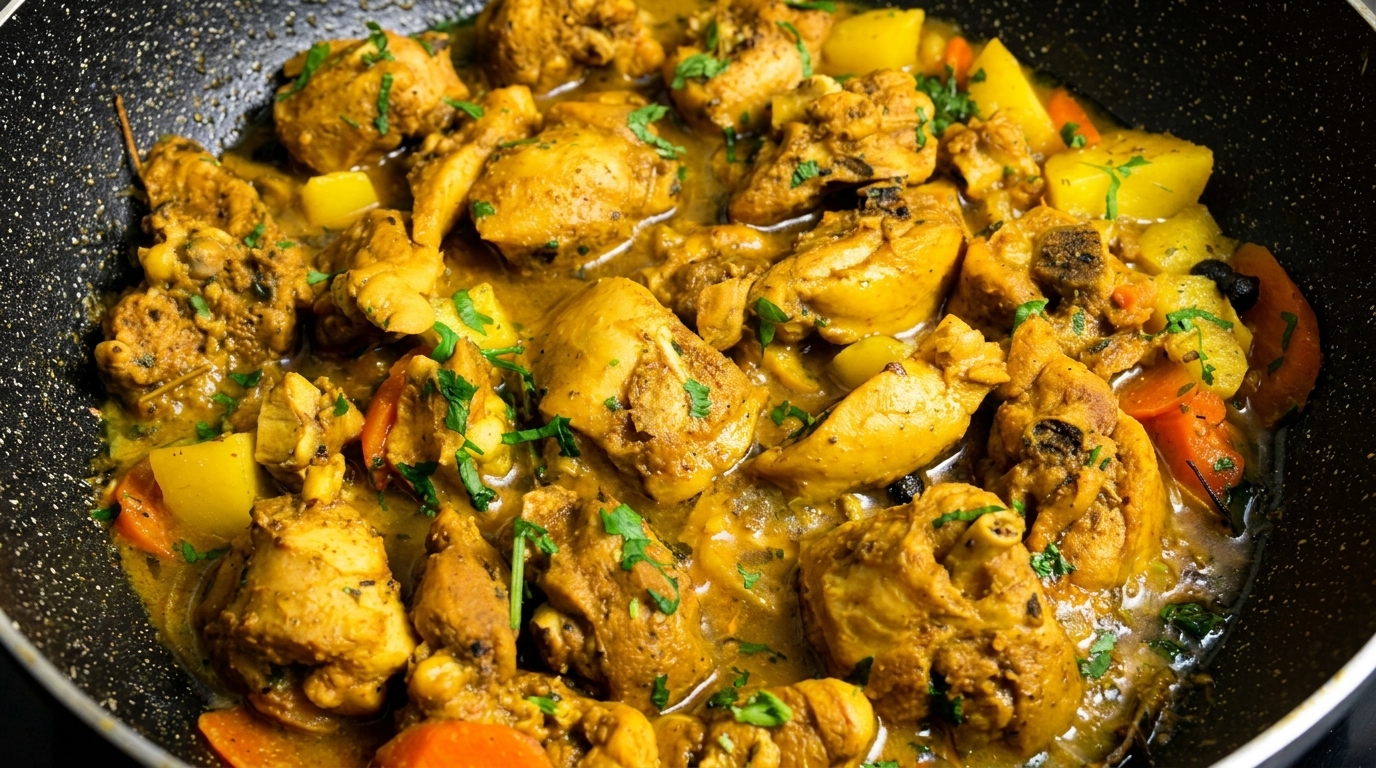 Close-up of chicken curry with potatoes, carrots, and herbs simmering in a black pan.