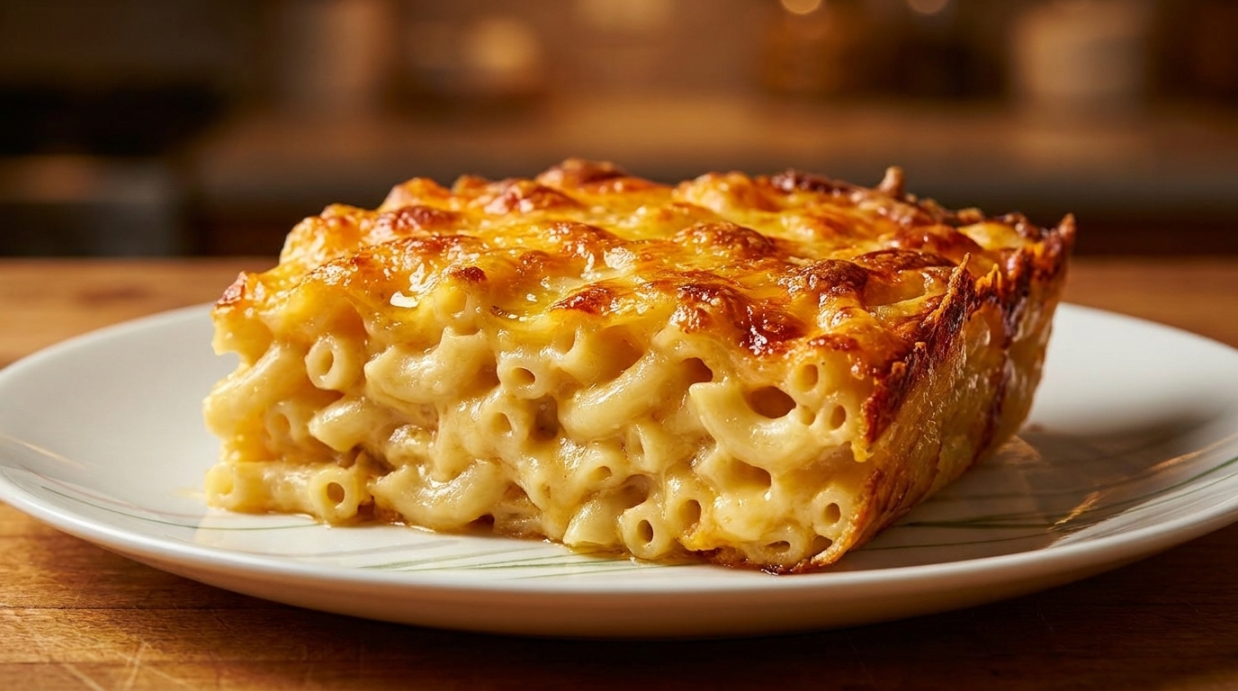 A golden-brown baked mac and cheese slice with bubbly cheese topping on a white plate.