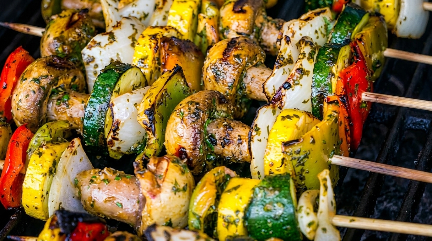 Grilled vegetable skewers with mushrooms, zucchini, bell peppers, and onions cooking on a grill.