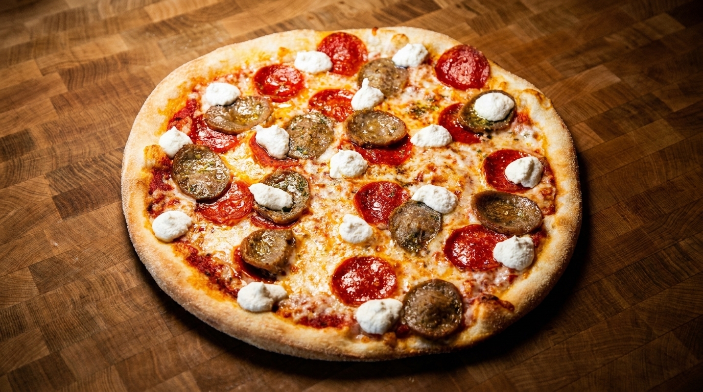 Pepperoni, sausage, and ricotta cheese pizza on a wooden cutting board.