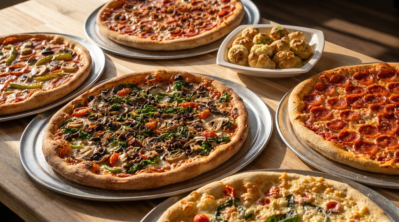 A wooden table laden with five different pizzas on metal trays and a bowl of garlic knots.