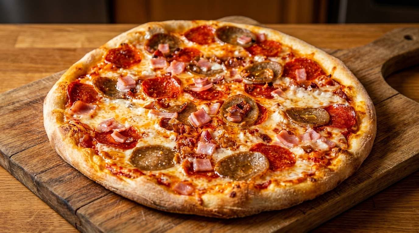 A whole meat lover's pizza with pepperoni, ham, and sausage on a wooden cutting board.