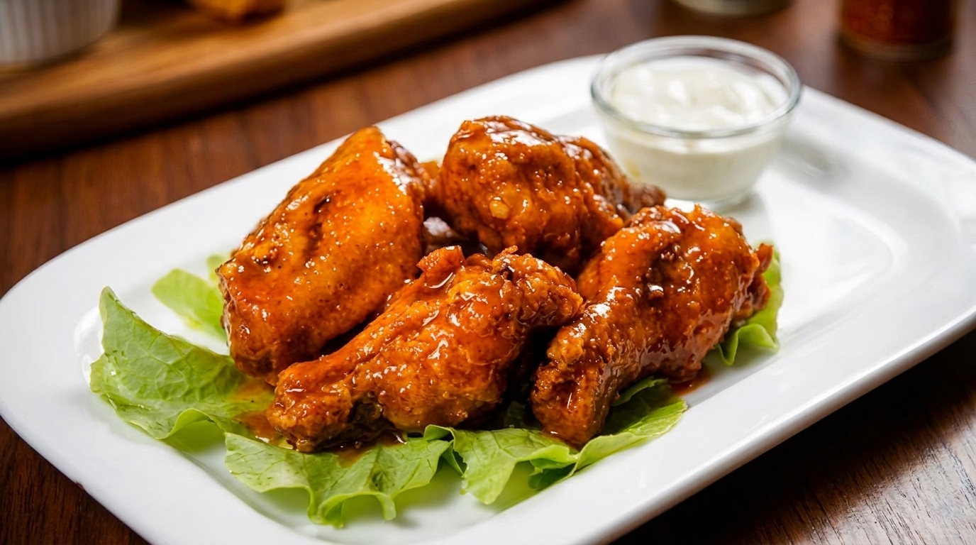 Four glossy, saucy chicken wings on lettuce with a side of ranch dressing.
