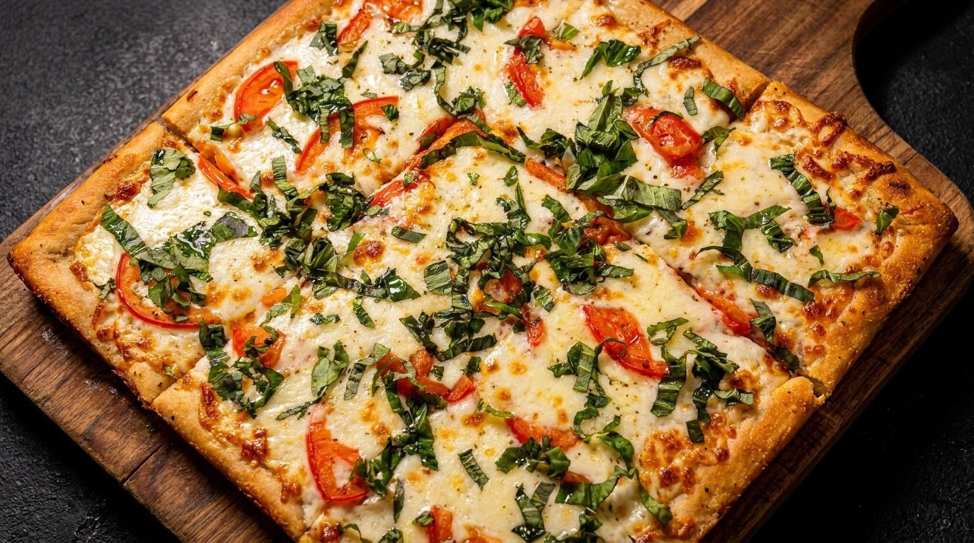 Square-cut Margherita pizza with melted cheese, fresh basil, and sliced tomatoes on a wooden board.