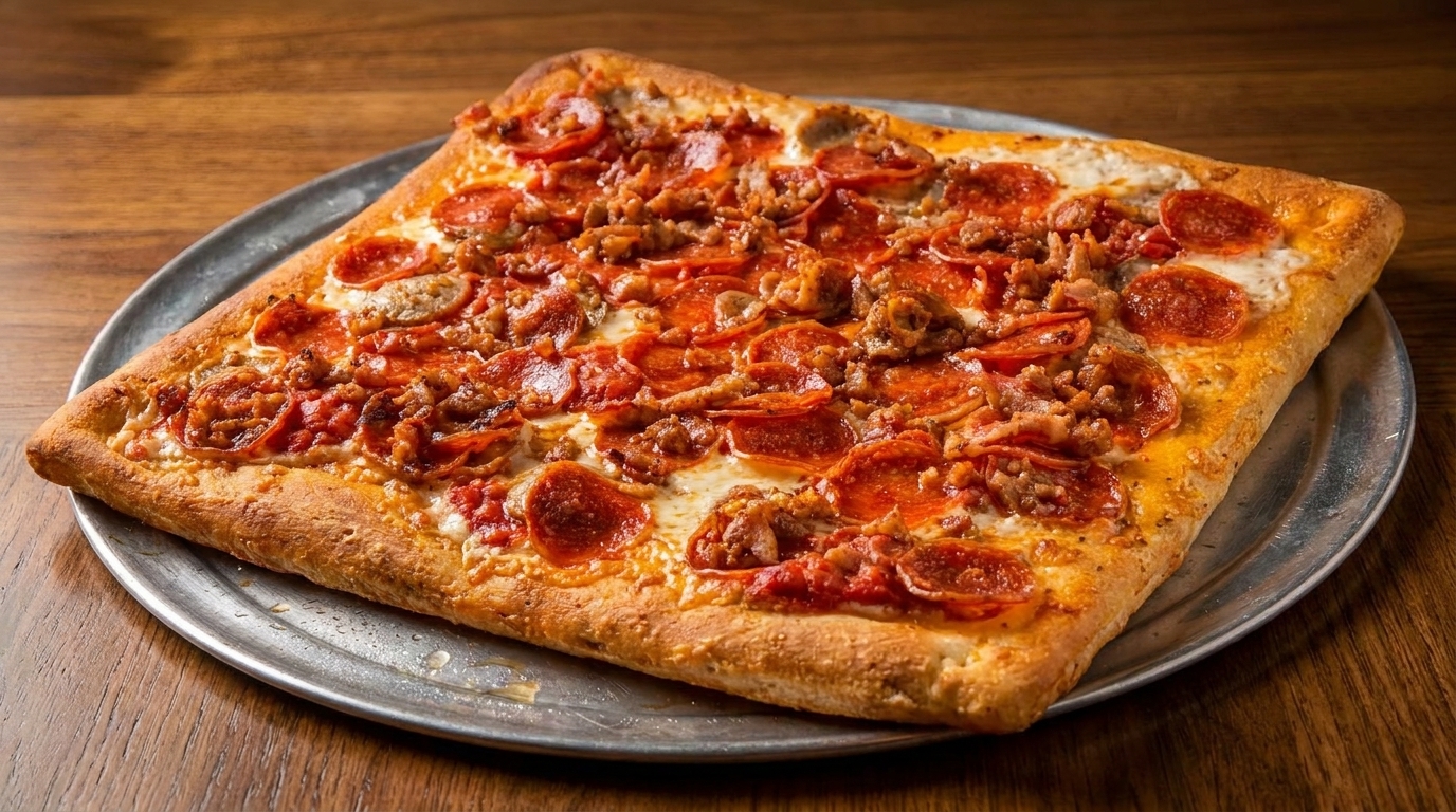 Square pepperoni and sausage pizza on a metal pan, centered on a wooden table.