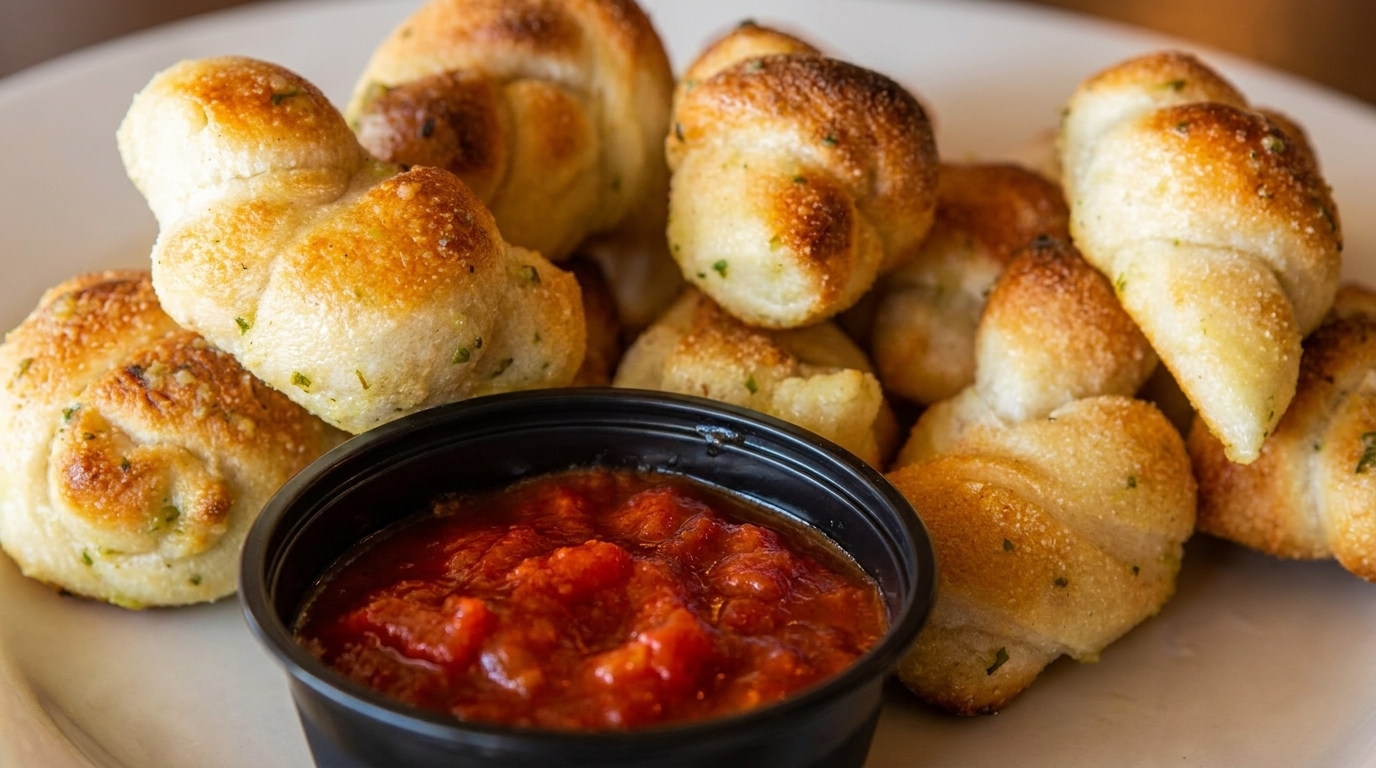 Golden brown garlic knots with parsley flakes, served with a side of red marinara sauce.