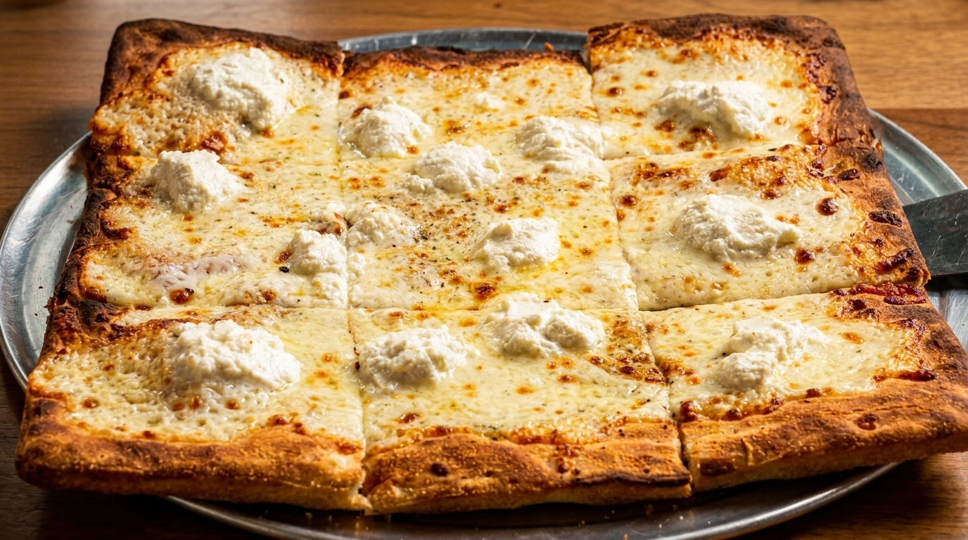 Square white pizza with dollops of ricotta cheese and a crispy crust on a metal pan.