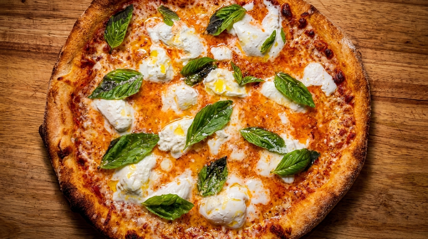Neapolitan pizza with fresh mozzarella, basil, and olive oil on a wooden table.