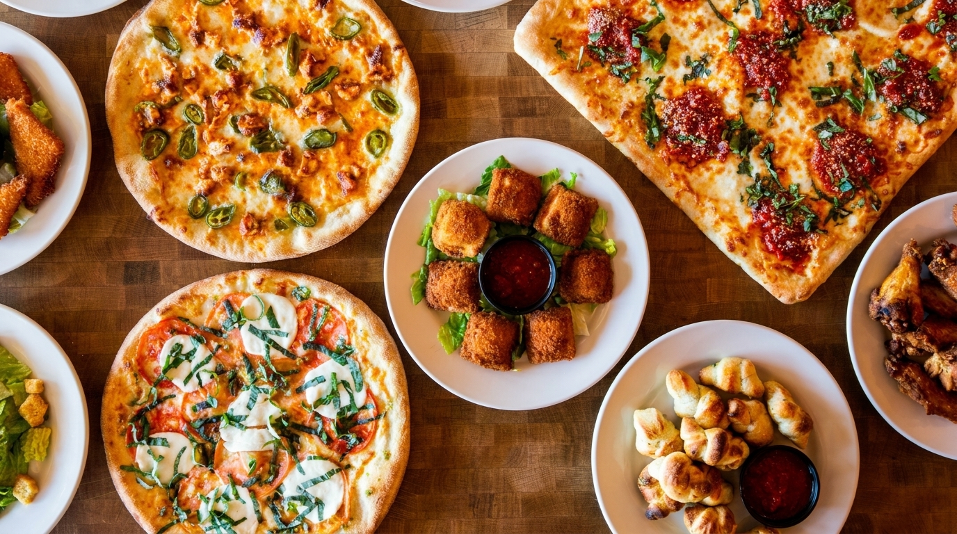 Overhead view of a wooden table laden with various pizzas, fried appetizers, and salads.