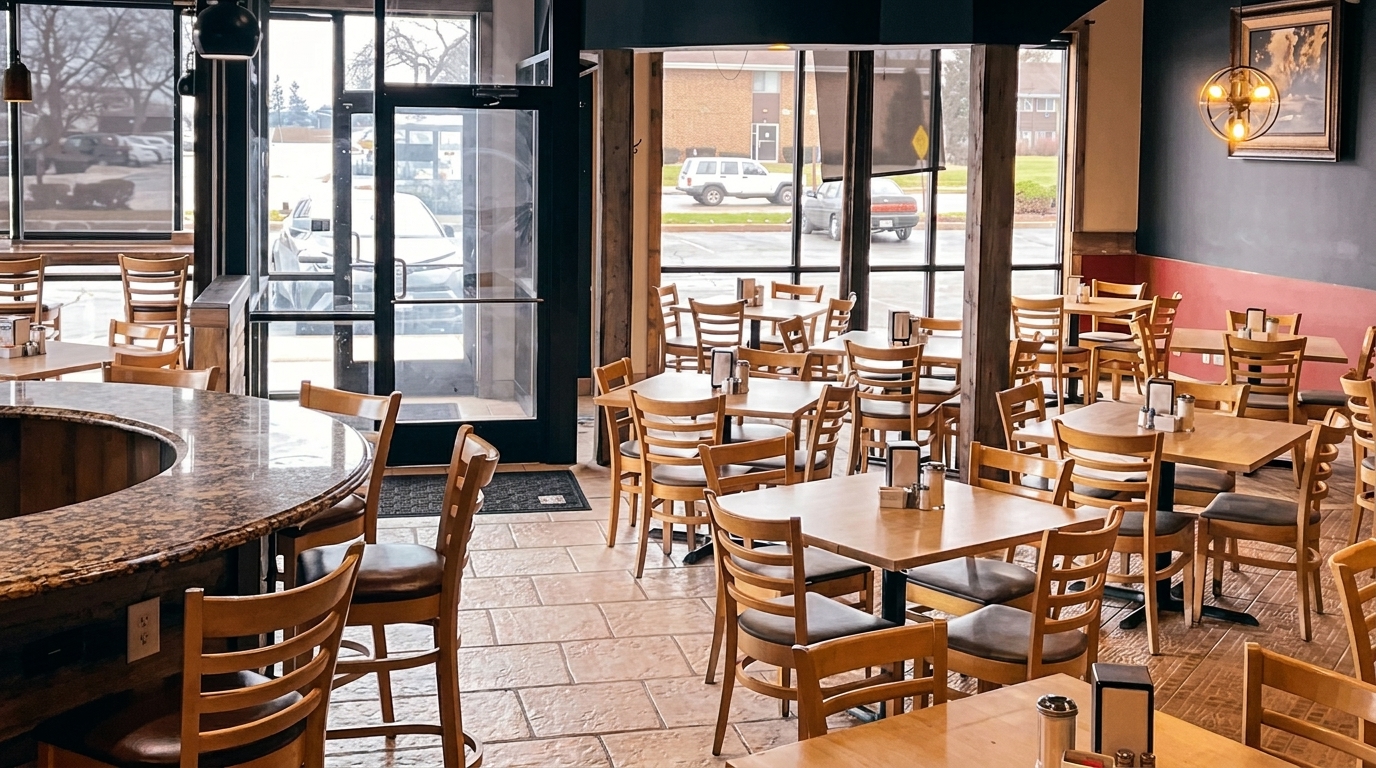 Empty restaurant dining room with wooden tables and chairs, a granite bar, and large windows.