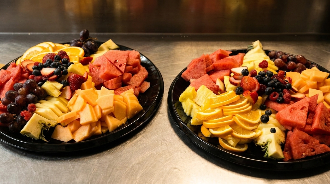 Two large platters overflowing with a colorful assortment of fresh cut fruit, including watermelon, oranges, and berries.