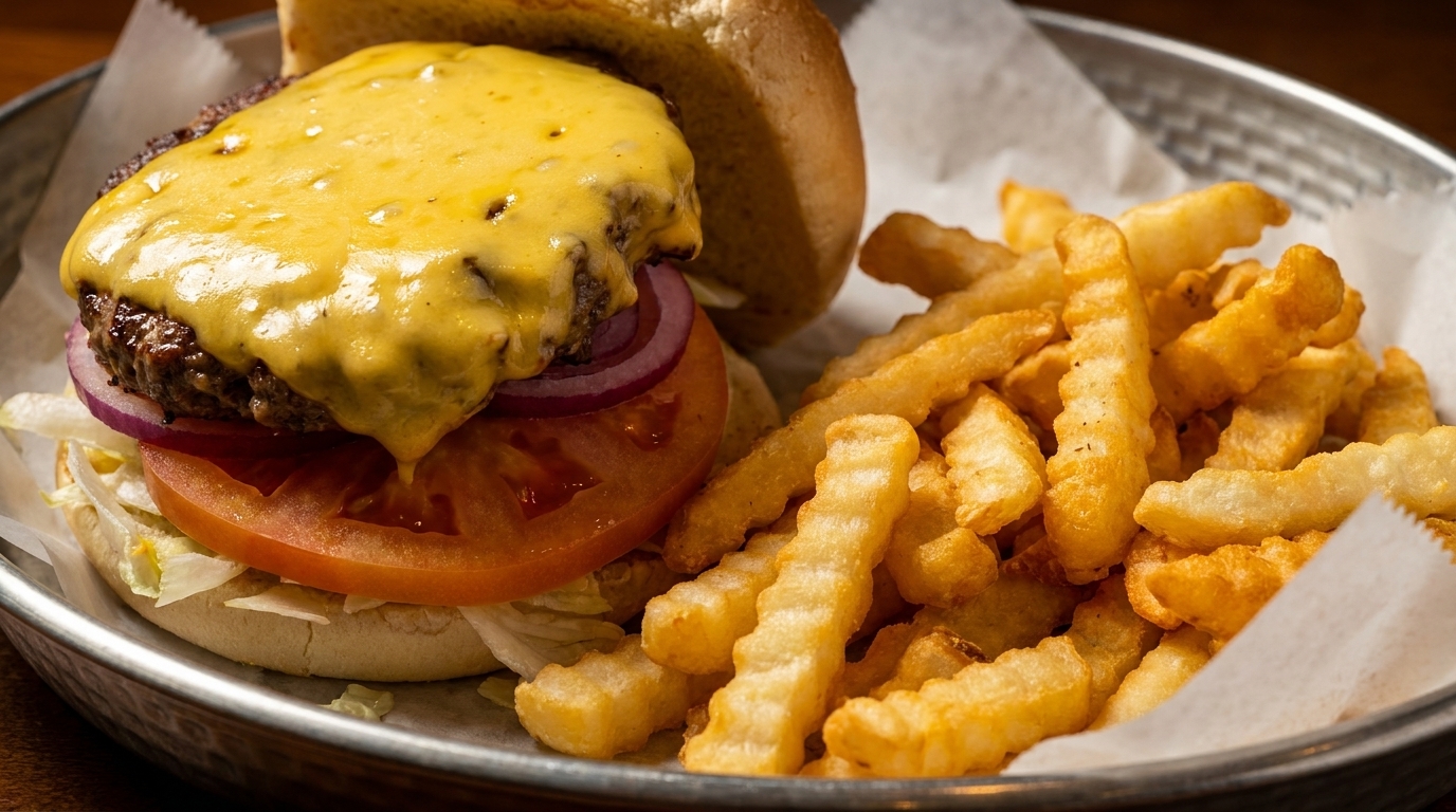 Cheeseburger with melted cheese, lettuce, tomato, onion, and crinkle-cut fries in a metal basket.
