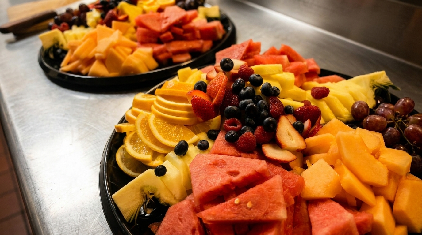 Two large platters overflowing with a colorful assortment of fresh cut fruit on a metal counter.