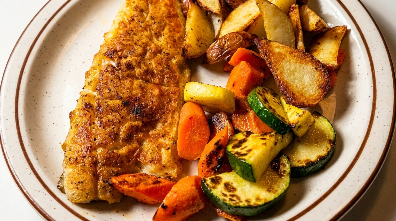 Grilled fish fillet with roasted potatoes, carrots, and zucchini on a speckled plate.