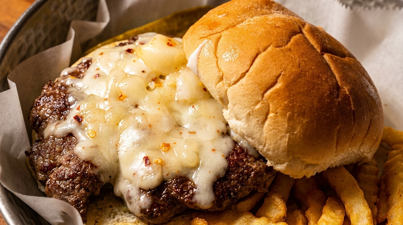 Cheeseburger with melted white cheese, grilled onions, and red pepper flakes, served with fries.