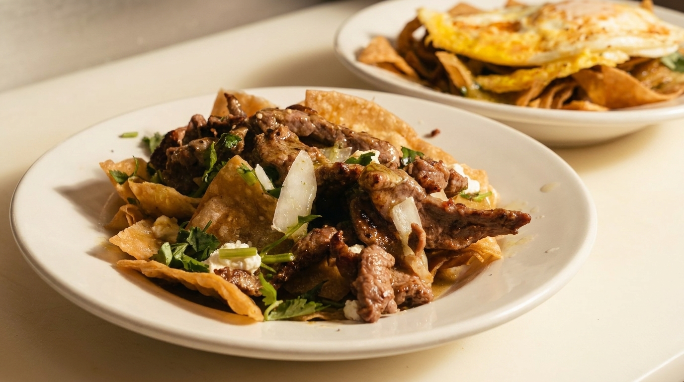 Two plates of chilaquiles, one with steak and the other with fried eggs, on a white counter.