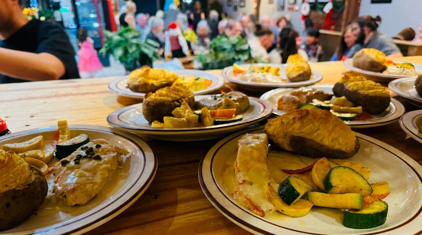 Plates of chicken, baked potatoes, and vegetables on a wooden table with blurred diners in the background.