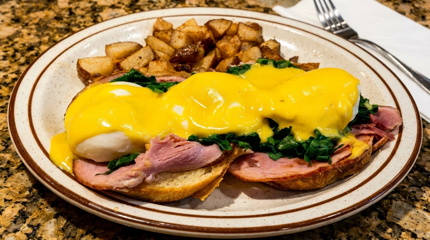 Eggs Benedict with ham, spinach, and hollandaise sauce, served with a side of roasted potatoes.