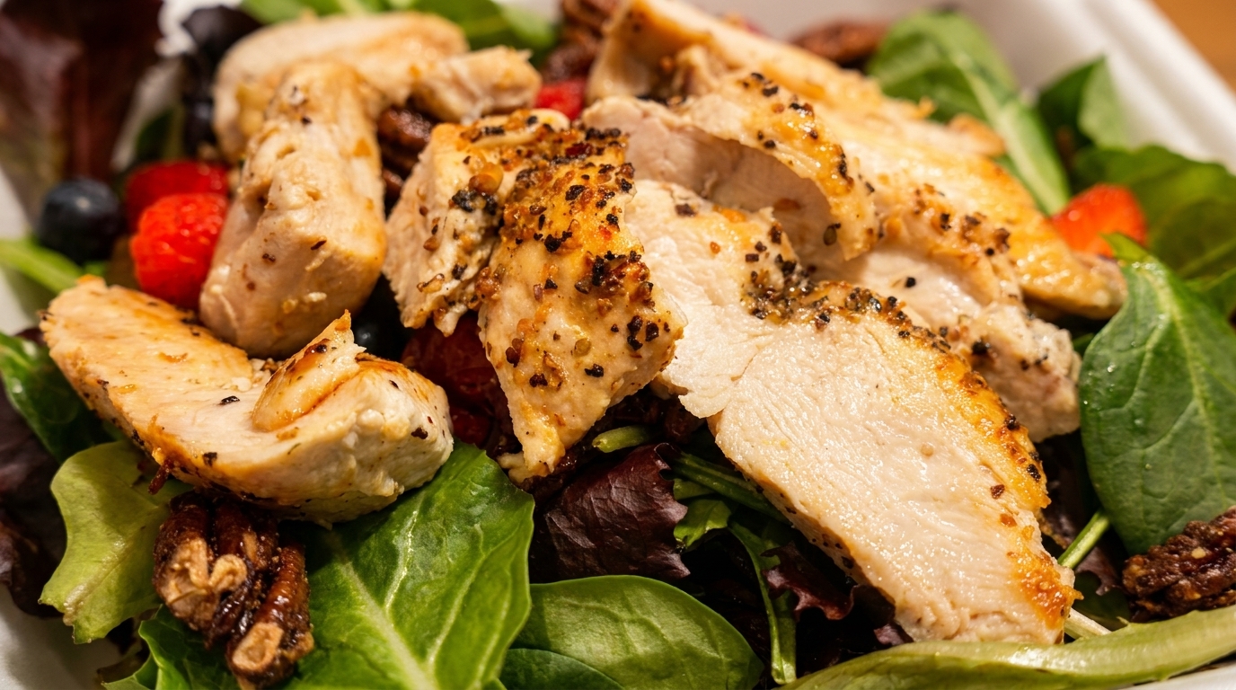 Close-up of grilled chicken pieces with pepper seasoning on a bed of mixed greens, berries, and pecans.