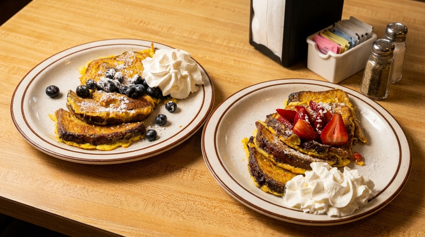 Two plates of French toast, one with blueberries and one with strawberries, both topped with whipped cream.