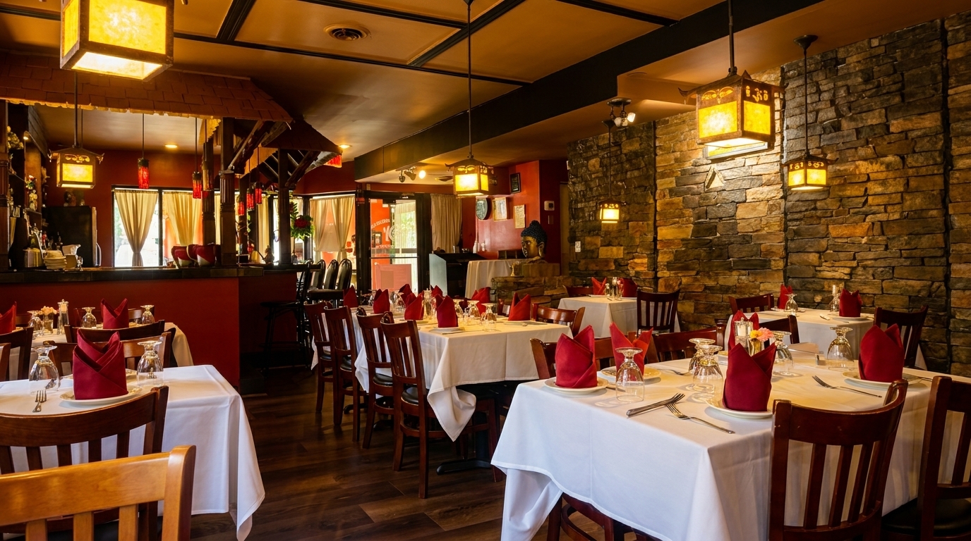 Restaurant dining room with white tablecloths, red napkins, dark wood chairs, and stone walls.