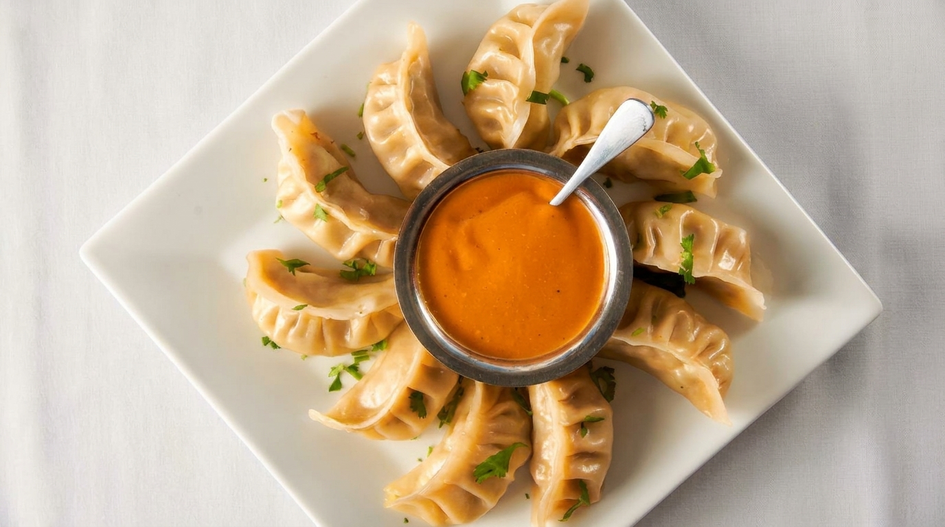 Steamed momos, garnished with cilantro, arranged around a bowl of orange dipping sauce.
