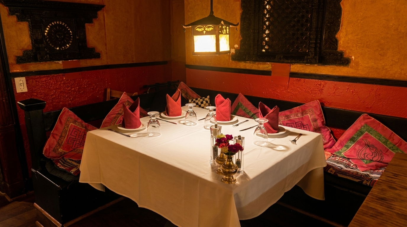 Cozy restaurant corner with a set table, red napkins, decorative pillows, and warm lighting.