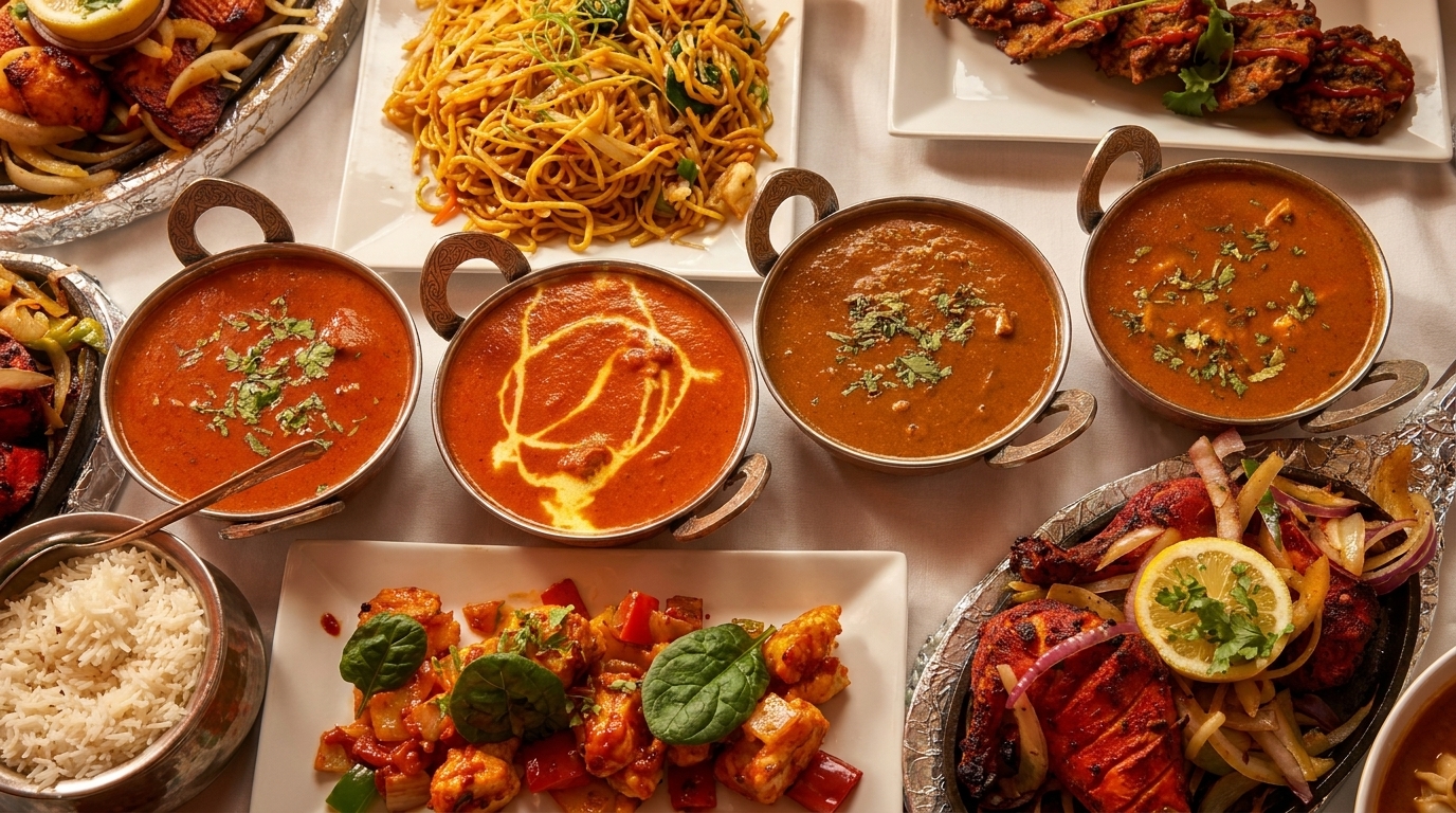 A table laden with various Indian dishes, including curries, noodles, rice, and tandoori chicken.