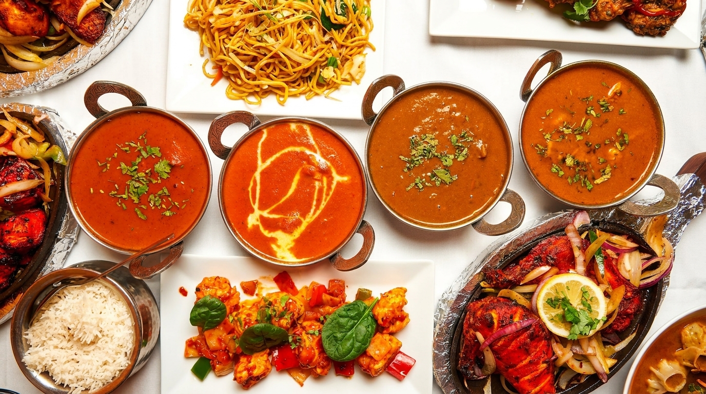 Overhead view of a table laden with various Indian dishes, including curries, noodles, rice, and tandoori chicken.