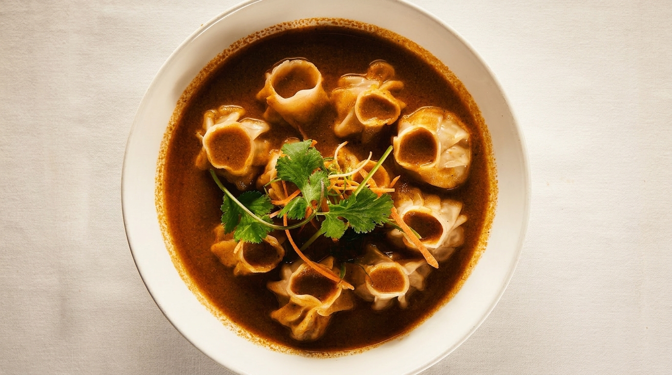 Overhead view of dumplings in a rich brown sauce, garnished with fresh cilantro and shredded carrots.