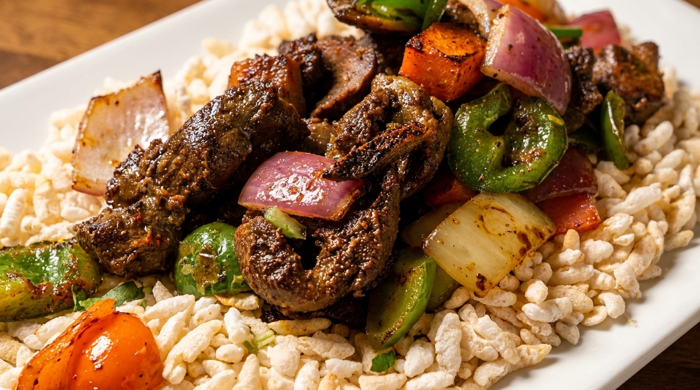 Grilled meat and vegetables, including onions, peppers, and carrots, served over puffed rice.