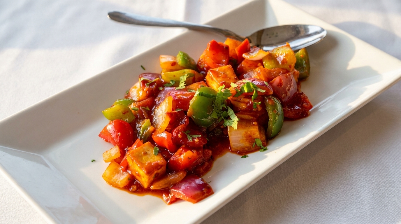 Chili Paneer, a vibrant dish with paneer, bell peppers, and onions in a rich red sauce.