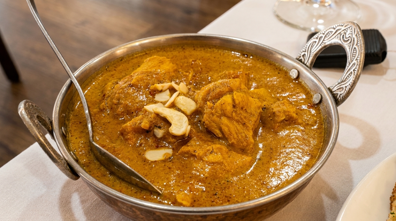 A metal bowl of chicken curry with cashews and a spoon, on a white tablecloth.