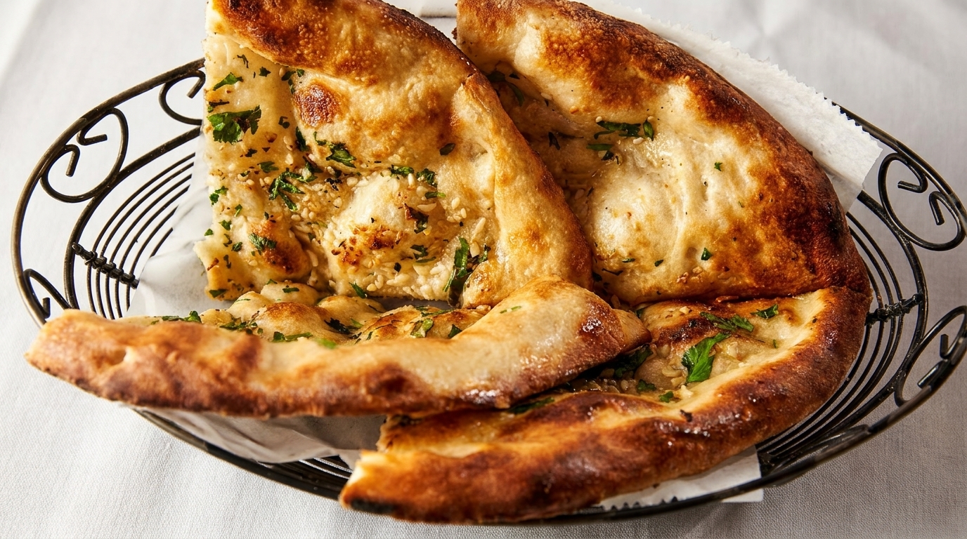 Golden brown naan bread, garnished with herbs and sesame seeds, in a black wire basket.