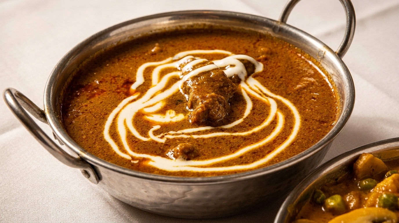 Rich brown curry with a swirl of cream and a piece of meat in a metal bowl.