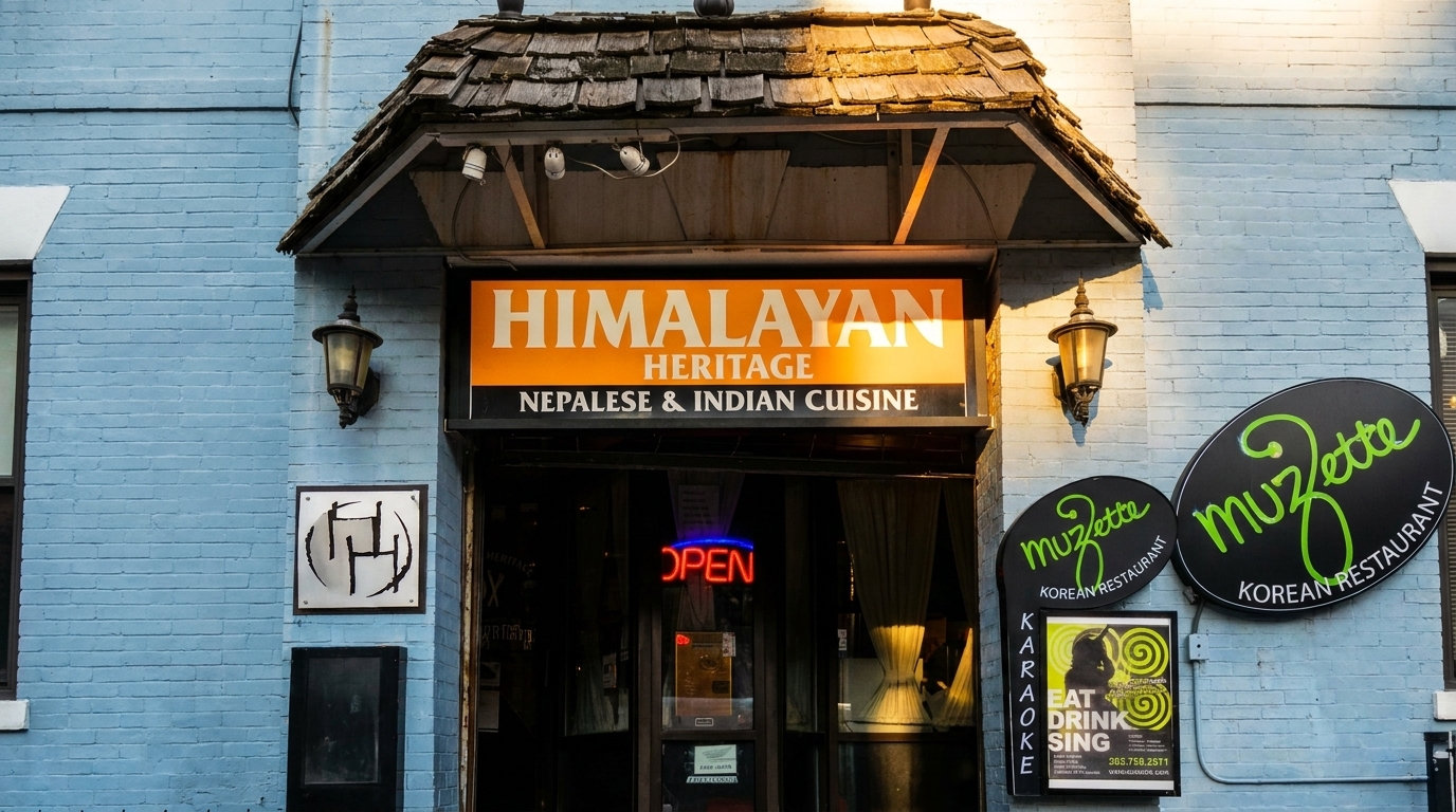 Exterior of Himalayan Heritage Nepalese & Indian Cuisine and Muzette Korean Restaurant with an "OPEN" sign.