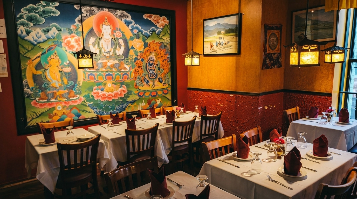Restaurant dining room with white-clothed tables, wooden chairs, and a large colorful mural on the wall.