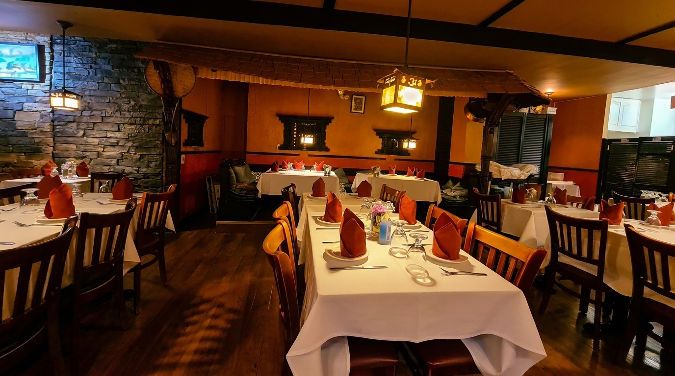 Warmly lit restaurant interior with set tables, dark wood chairs, and stone accent walls.