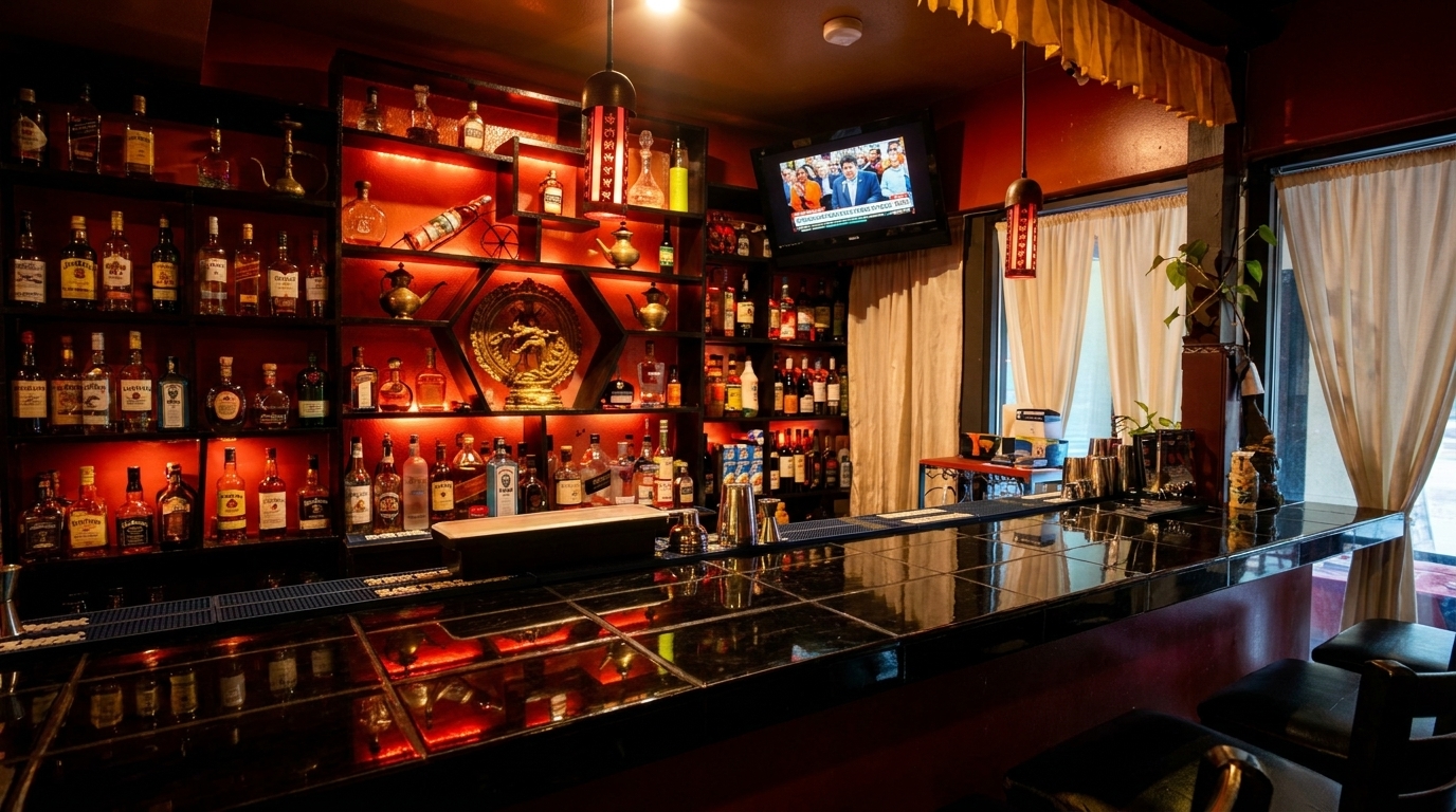 A dimly lit bar with shelves of liquor bottles, a TV, and a dark tiled counter.